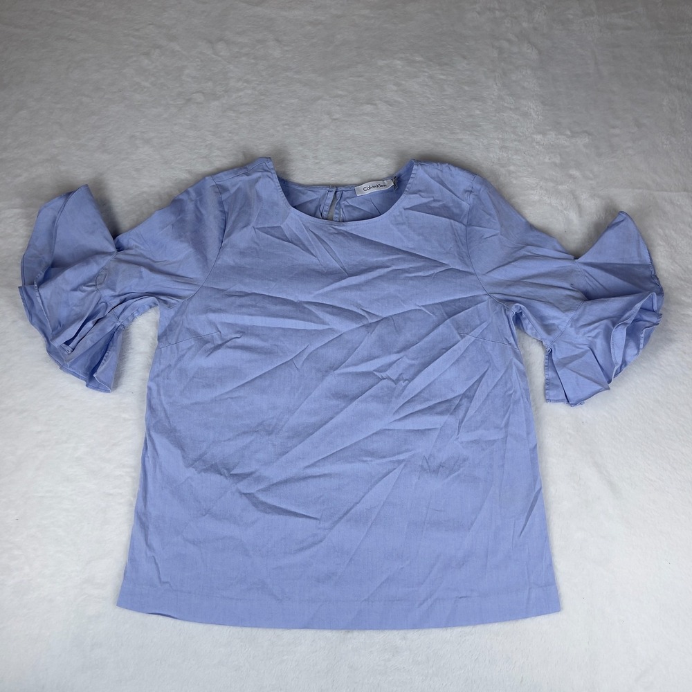 Calvin Klein Blouse Top Womens Blue Bell Short Sleeve Crew Neck Key Hole Back